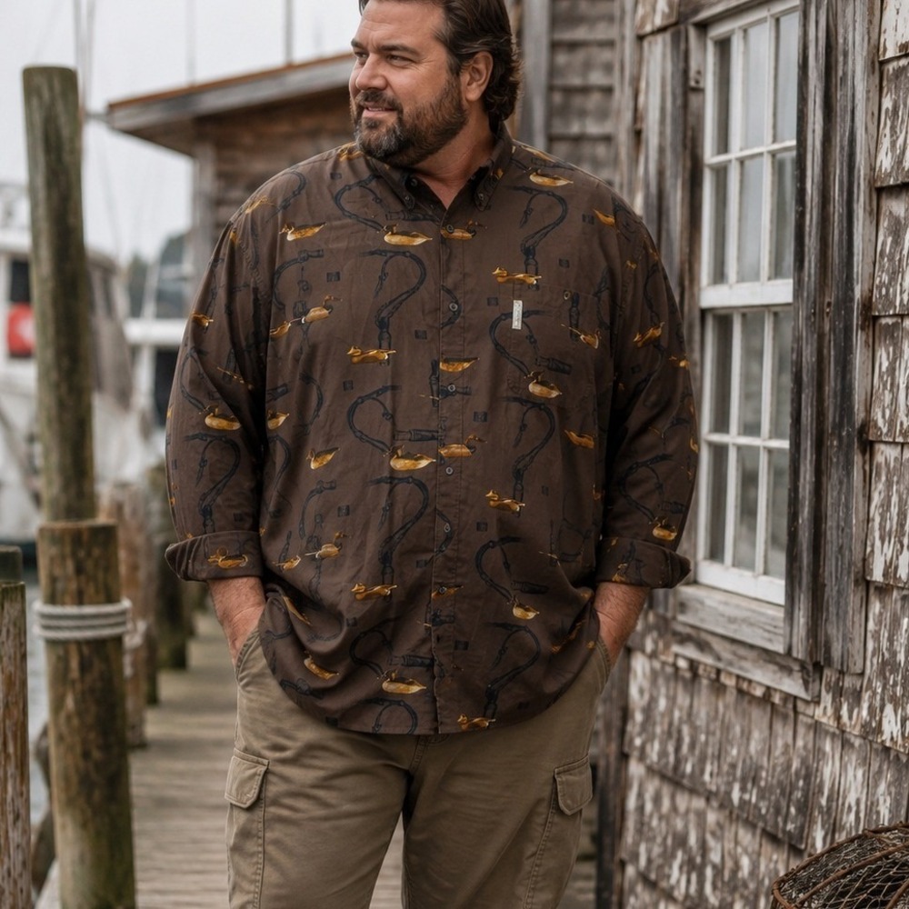 COLUMBIA Duck Decoy Call Print Shirt 2XT Gorpcore Hunting Novelty Brown Cotton
